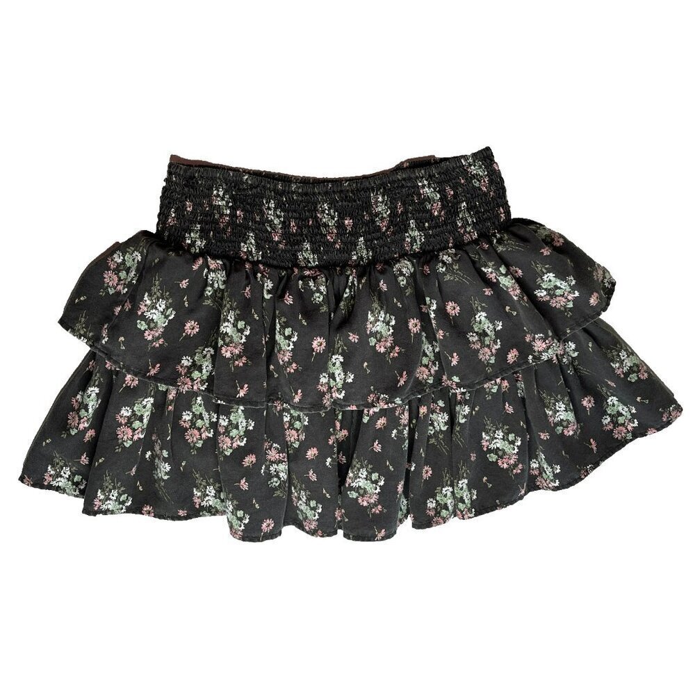 Aerie Rock n Ruffle Mini Skirt size S/P Black Floral Skater Preppy - Picture 2 of 7